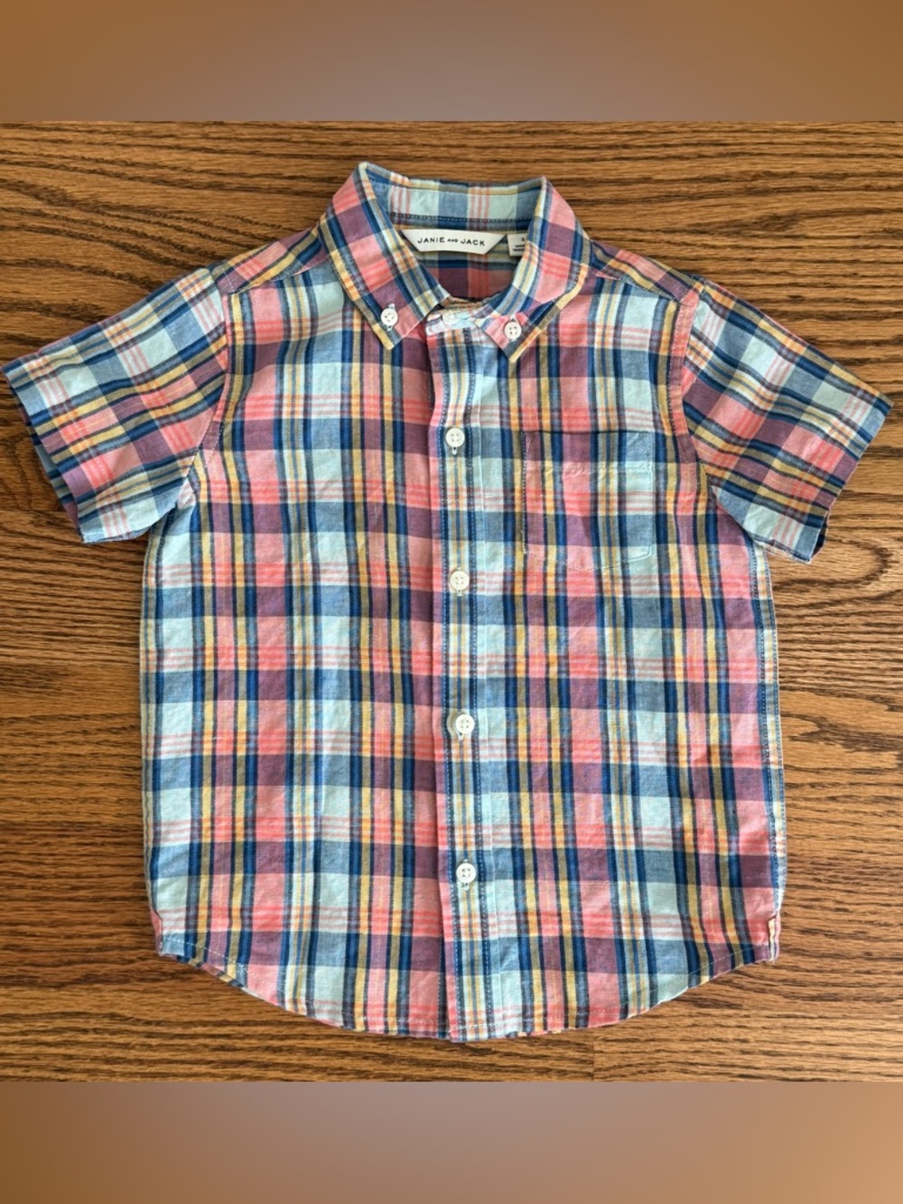 Janie & Jack 3T Boys Button Up Plaid Linen Shirt in Red, Blues & Yellow